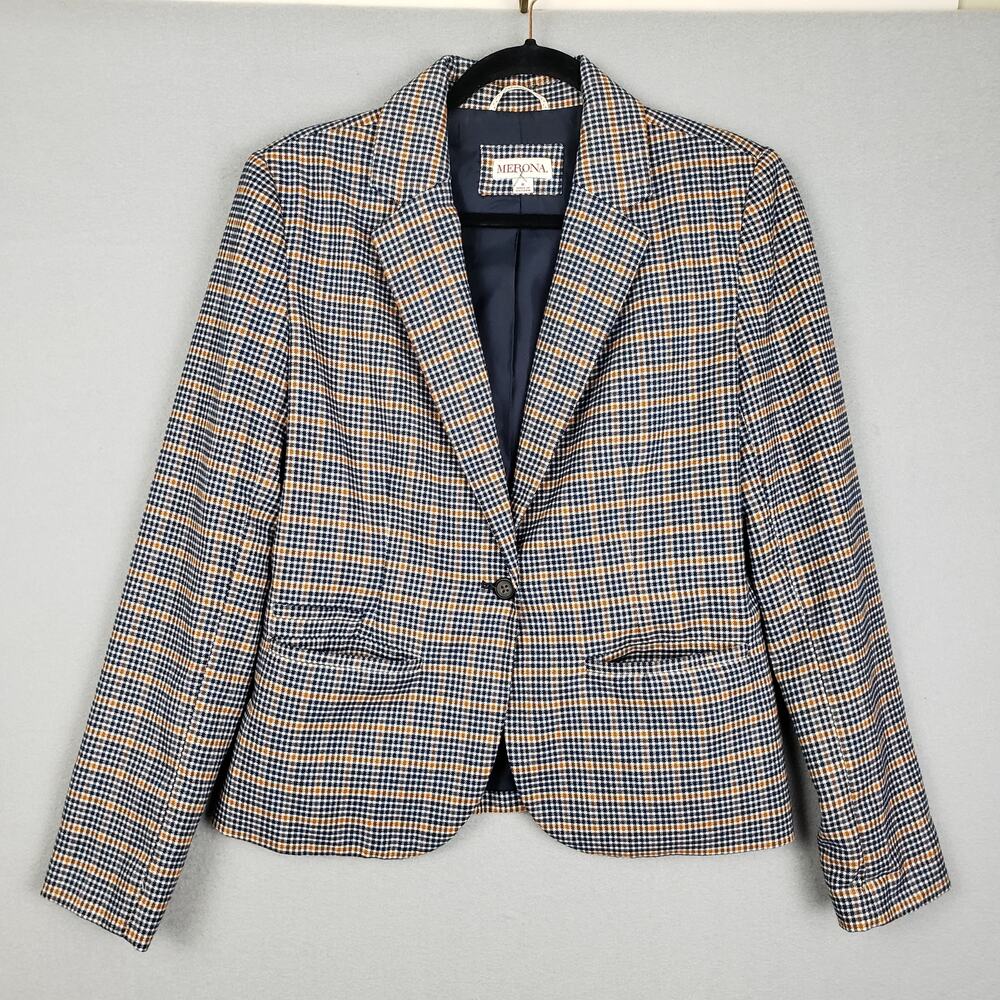 Merona Women's Size 6 Single Button Blazer Jacket Brown Blue Plaid Academia Fall